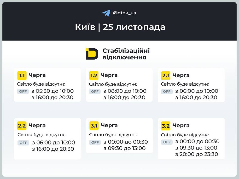 ДТЕК показав графіки відключень світла на 25 листопада для Києва...