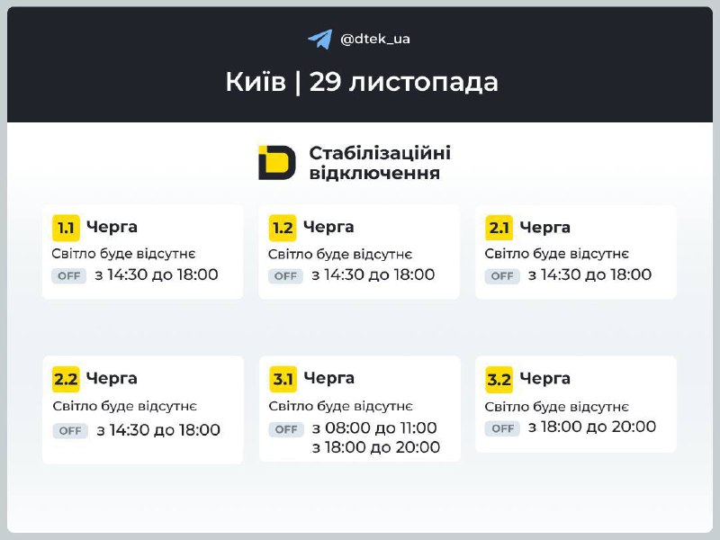 Київ: графіки відключень на 29 листопада...