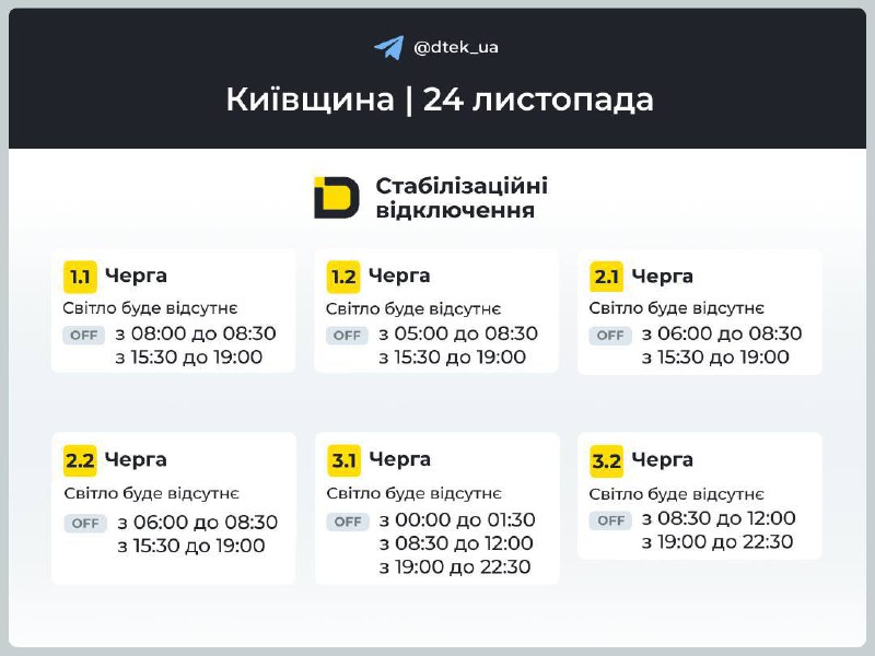 Київщина: графіки відключень на 25 листопада...