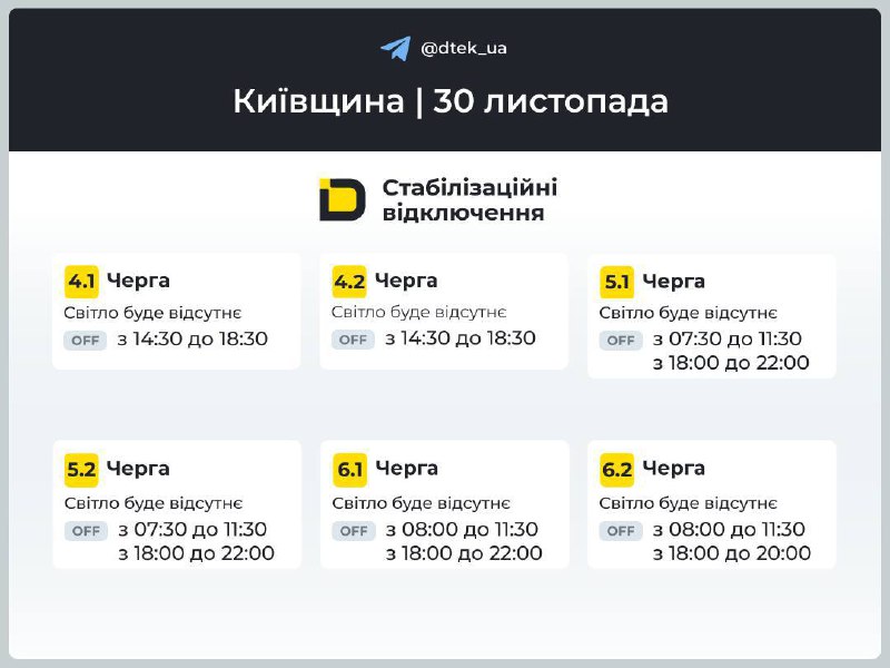 Київщина: графіки відключень на 30 листопада...