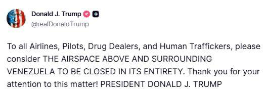 Трамп оголосив про повне закриття повітряного простору над Венесуелою...