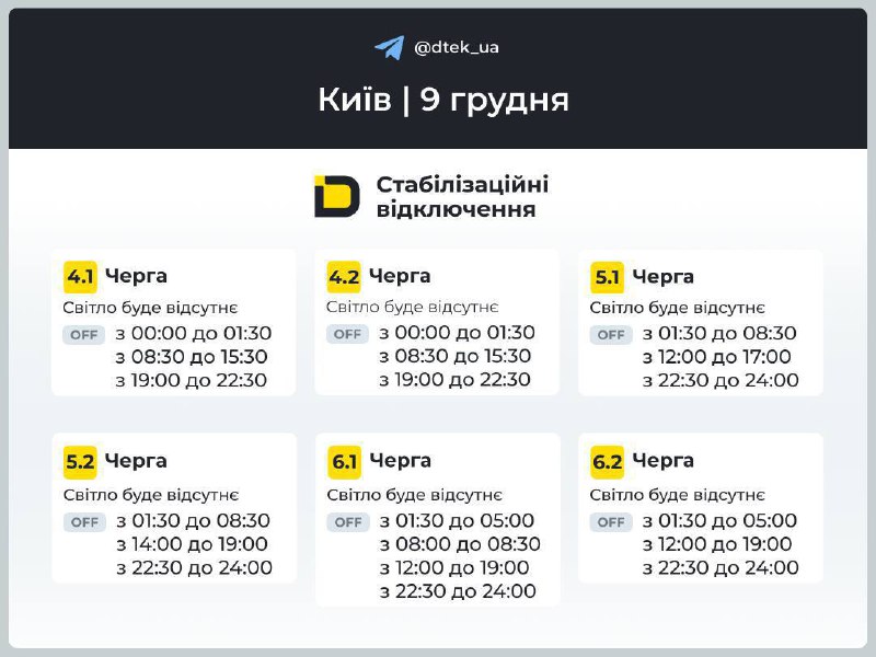 Графіки відключень на 9 грудня у Києві...