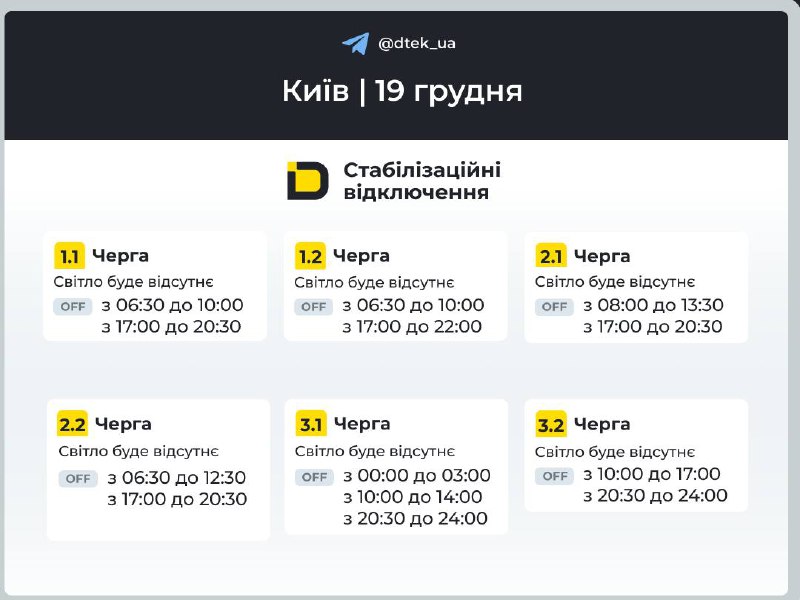 Графіки на завтра для Києва та області, – ДТЕК...
