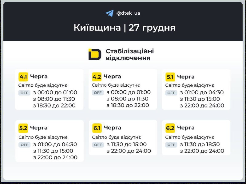 З'явилися графіки відключень світла для Київщини на 27 грудня...