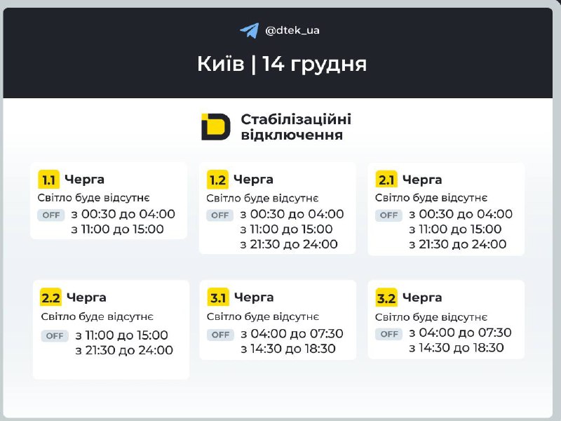 Київ: графіки відключень на 14 грудня...