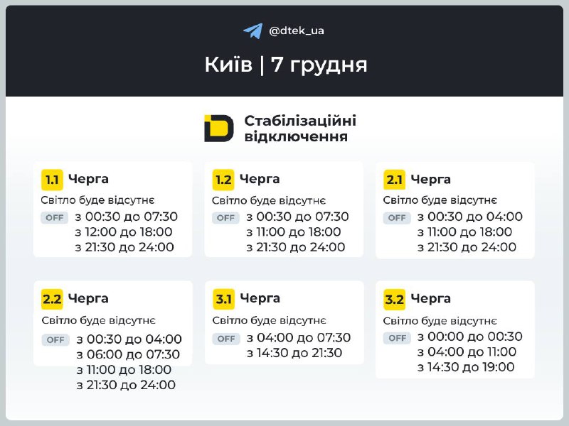 Київ: графіки відключень на 7 грудня...
