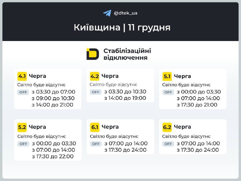 Київщина: графіки відключень на 11 грудня...