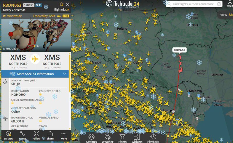 Просто зараз зафіксовано Санту у повітряному просторі України, — FlightradarНаг...