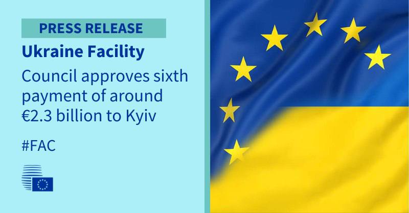 Рада ЄС схвалила шостий транш на 2,3 млрд євро за планом Ukraine FacilityЦя сум...