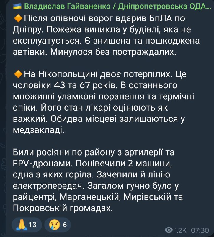 Російські дрони атакували вночі Дніпро. У будівлі, яка не експлуатується, стала...