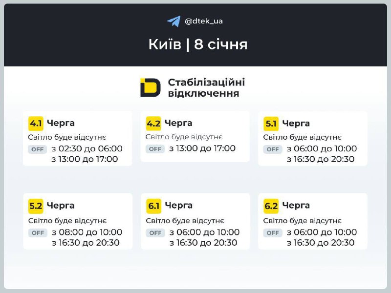 Киянам показали графіки відключень світла на 8 січня...