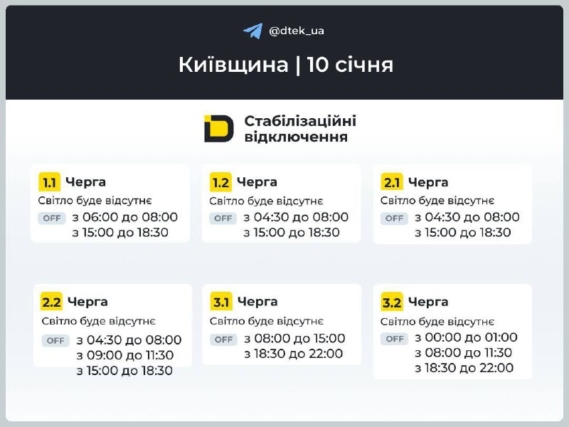 Київщина: графіки відключень на 10 січня...