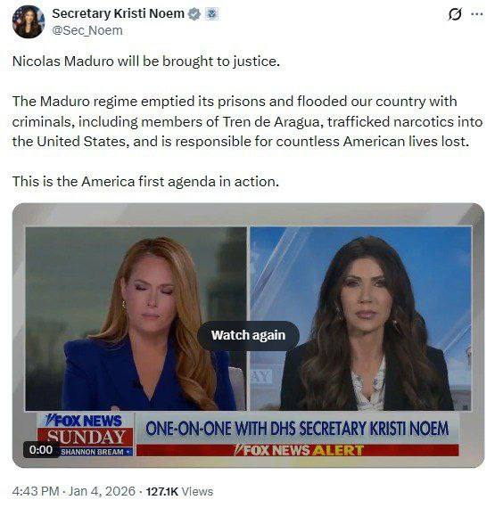 Мадуро буде притягнутий до відповідальності за злочини проти США, - міністр внут...