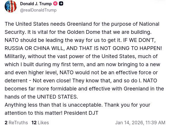 Нам потрібна Гренландія. Якщо ми цього не зробимо, РФ або Китай її захопить, — Т...