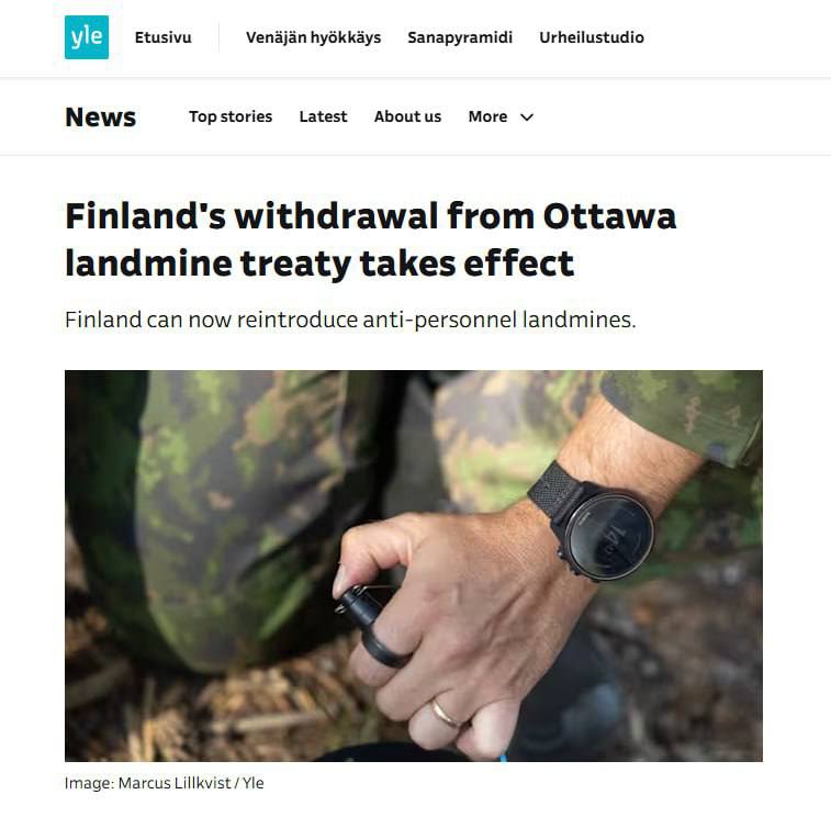 Фінляндія офіційно вийшла з Оттавської конвенції, що забороняє протипіхотні міни...