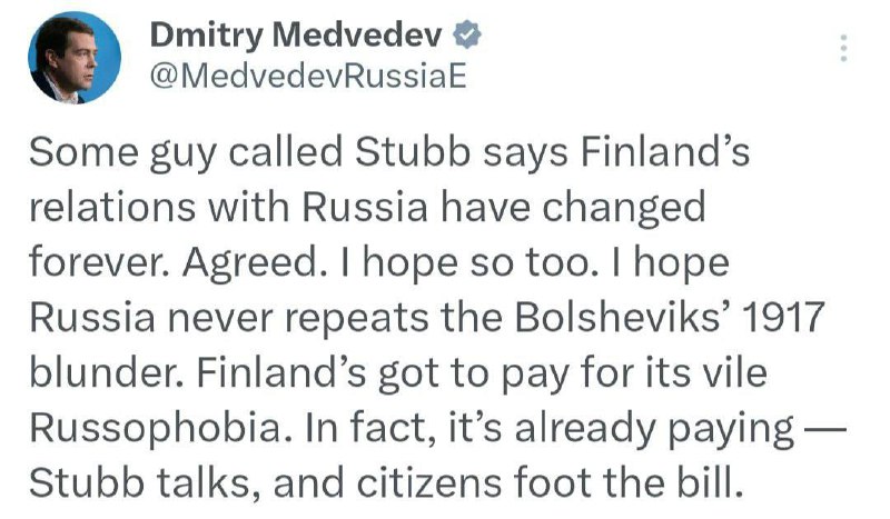 "Фінляндіі прідєтся заплатіть за свою мєрзкую русофобію": РФ словами Медведєва п...